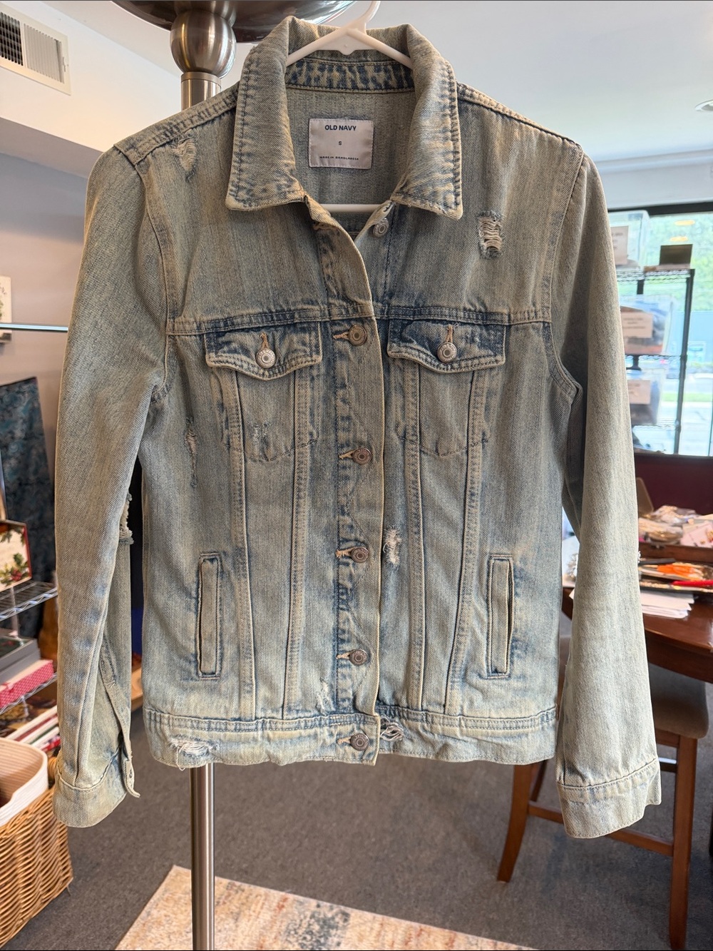 Old Navy Light Wash Distressed Denim Jacket Pale Blue Size Small destructed den